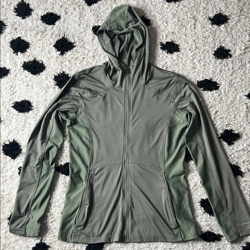 Columbia women size SMALL olive green hooded thin/light zip up